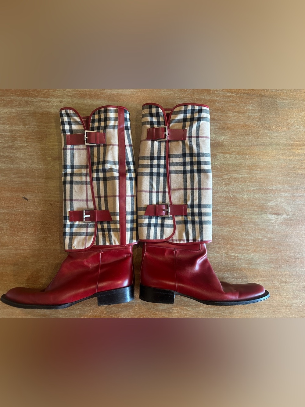 Vintage Burberry Red Leather with Removable Plaid Buckle Riding Boots